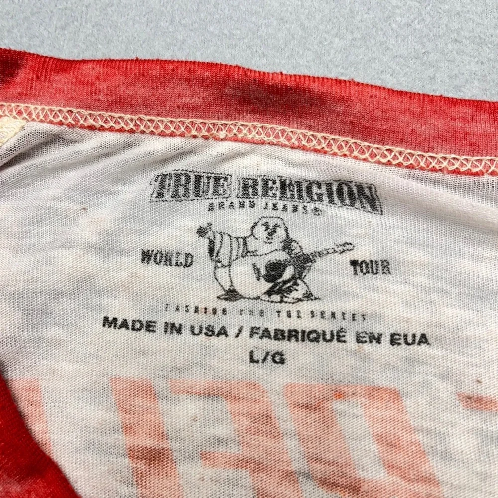 VTG Y2K True Religion Muscle Car Henley Burnout‎ Raglan Rainbow Logo USA L